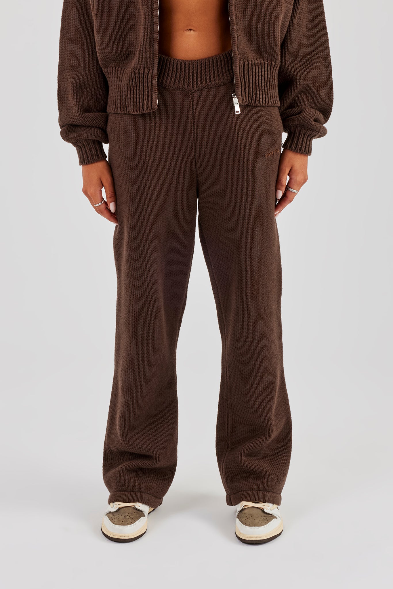 Knitted Embroidered Wide Leg Jogger - Chocolate